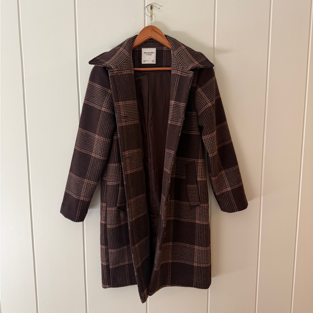 Abercrombie & Fitch Wool-Blend Brown Plaid Trench Coat